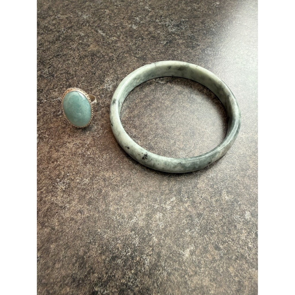 Vintage Jade Bangle Bracelet and Oval Cabochon Ring Set Green Jade StoneJewelry